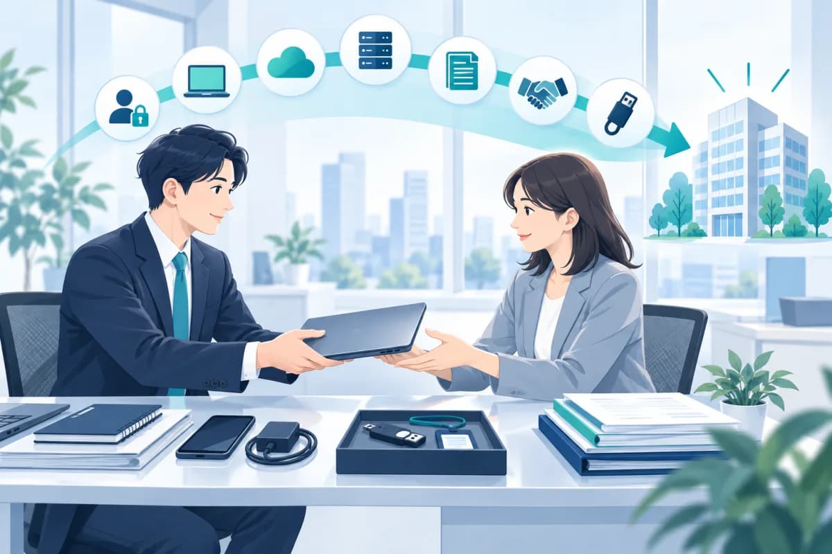 退職するIT担当者から後任へ機器やアカウント情報を引き継ぐイメージ
