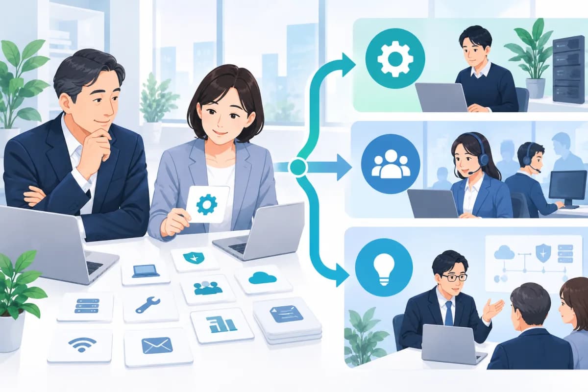 情シス業務を社内対応と外部支援へ分けるイメージ