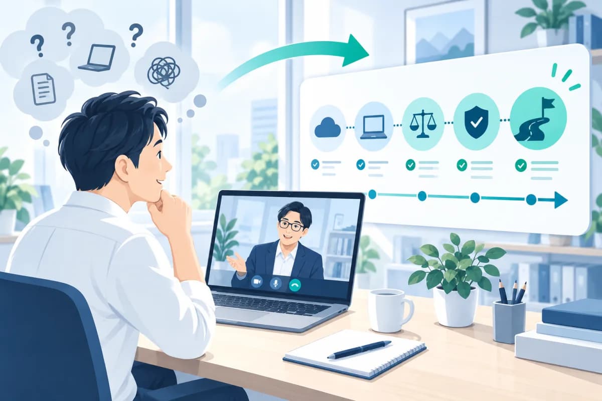 ひとり社長がオンラインでICT相談をして判断を整理するイメージ